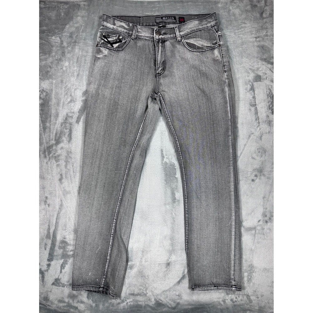 GS115 Mens Grey Wash Straight Leg Denim Jeans Size 36 Embroidered Pockets Cotton